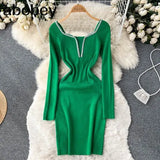 Slim Bodycon Knitted Dress Temperamant Long Sleeve bodycon Sweater Dress Square Collar Women Winter Short
