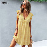 V Neck Floral Print Short Dress Sexy Yellow Women Summer Dress with Lining Lady Ruffle Sleeve Casual Loose Outfit