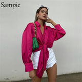 Elegant Stain Women Blouse Tops 2021 Long Puff Sleeve Sexy Lace Up Ladies Fashion Loose Blouse Shirt Tops Autumn