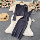 Women Korean Knitted Set Casual Loose Short Pullovers+Sleeveless V Neck Sexy Slim Strap Sweater Dress Two Piece