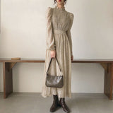 Vintage Stand Collar Ruched Sleeve A-line Dress Women Floral Print Elastic Waist Female Dress Spring Vestidos femme
