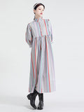 Women Striped Spliced Long Shirt Dress New Stand Collar Three-quarter Sleeve Loose Fit Fashion Spring Autumn 2023