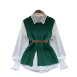 Style Suit Women's Casual Long-Sleeved Shirt + Waist V-Neckless Knitted Vest Two-Piece