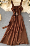 Korean Style Women Vintage Dress Autumn Winter Spaghetti Strap Sleeveless Belted A-line Midi Work Party