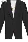 Sexy Party Backless Blazer For Women Notched Long Sleeve Streetwear Patchwork Chains Slim Fit Coat Female 2023 Spring