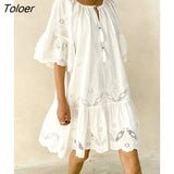 Chic Eyelet Lace Embroidery Mini Dress Ruffle Sleeve Tassle V-Neck Boho Casual Beach Dress Summer Women Clothing