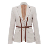 New British Splicing Colliding Color Leather Splicing Back With Small Suit Jacket With Belt