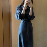 Fashion Long Sleeve Shirt Dress Women Autumn Vintage Midi Jacket Dresses Za Female Casual Loose Party Robe Maxi Bandage