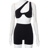 Spring Fitness Workout Women Two Piece Set Diagonal Collar Sleeveless Hollow Ribbed Top+Biker Shorts Tracksuit Sportwear
