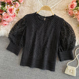 Women Blouses O-neck Puff Sleeve Crochet Floral Shirts Chic Hollow Out Blouse Lace Sweet Temperament Tops