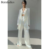 Women 3 Pieces Sets Long Sleeve Loose Belt Satin Blazer Coat High Waist Pants Legs Adjustable Pants Female Sexy