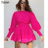 Lantern Sleeve Vintage Dress Long Sleeve O-Neck Casual Women Ruffle Dress Short Mini Pleated A-Line Frill Dress