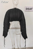 Fashion Women T-shirt Round Neck Loose Pleated Long Sleeve Expose The Navel Solid Color Tops Female Spring 2023 New