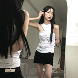 Korean Fashion Irregular Tank Top Grunge Patchwork Camisole Folds Sleeveless Tops White Chic Designer Clothes