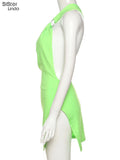 Sisterlinda Sexy Hollow Green Mini Dress Women One-Shoulder Sleeveless Side Split Backless Party Vacation Stretchy Skinny