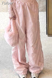 Pink Cargo Pants Y2K Aesthetic High Waist Drawstring Baggy Sweatpants Women Casual Cute Wide Leg Joggers Trousers