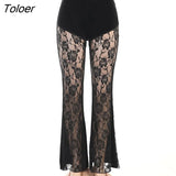 Black Sexy Lace Floral Flare Pants Women Gothic Club High Waist Skinny Fit Trousers Female Fashion Slim Fit Long Pants