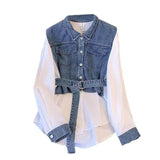 Autumn Casual Denim Patchwork Shirt Women's Clothing Commute Turn-down Collar Stylish Sashes Basic Single-breasted