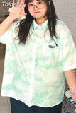 Women Plus Size Shirt Kawaii Print Cute Harajuku Polo Collar Blouses Oversize Korean Casual Pink Tops Unisex