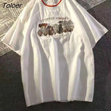 Harajuku Bear Embroidery American Retro Style T Shirts Women Overszied Tshirts 2021 New japanese style Teens Girls Cute