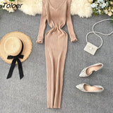 Women Autumn Knitted Dress V Neck Sexy Slim Elastic Oversized Basic Bodycon Long Dress Winter knit Warm Sweater