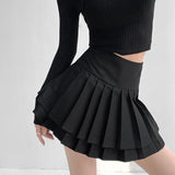 Preppy Style Double Pleated Skirt Women Korean Skort Summer Sexy Y2k High Waist Patchwork Solid Mini Skirt A-line
