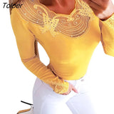 Women Long Sleeve See Through Beads Decor O Neck Waist Tight Sliming Blouse Top Spring Summer Blouse Women