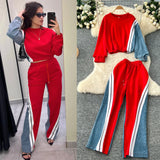 Denim Set Female Retro Casual Color Long-Sleeved Sweater Denim Spliced Broad Leg Pants Two