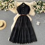 Design Buckle Loose Collar With Long Dress Women Summer Waist 100 Folded Shirt Collar Splicing Long