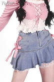 Kawaii Denim Mini Skirt Women Sexy Gyaru Pink Bow Bandage Lace Patchwork High Waist Pleated Jean Skirt Y2k Shorts
