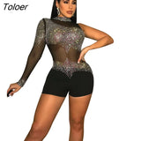 Diamonds Rompers And Jumpsuits Summer Sexy Short Jumpsuits For Women Casual Mesh See Through Long Sleeve Romper