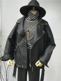 High Quality 2023 Spring Black PU Leather Loose Turn-down Collar Zipper Fashion New Women's Wild Jacket