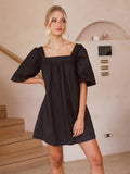 Holiday Dress Square Collar Rose Pink Mini Dress Pleated Flare Sleeve Casual Loose Women Clothes Summer Dresses