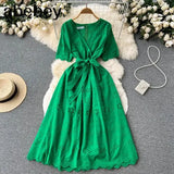 Green/White/Pink Summer New Lace Embroidery Dress Women Short Sleeves Dresses Female Vintage Party Beach Maxi Long