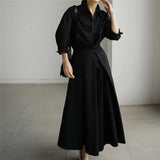 Women Beige Pleated Long Big Size Elegant Dress New Lapel Long Sleeve Loose Fit Fashion Tide Spring Autumn 2023