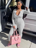Casual Rib Zip Up Long Sleeve Slim Top And Skinny Pants 2 Piece