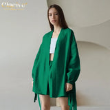 Autumn Lace-Up Robes Tops Two Pieces Set Womens Casual Loose High Wiast Shorts Set Elegant Pink Home Suit With