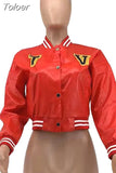 B PU Faux Leather Crop Bomber Coat Ladies Stand Collar Full Sleeve Baseball Jackets Streetwear Button Down Slim Fit