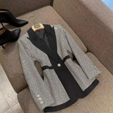 2022 Runway Designer Elegant Women's Sexy Sequin Single Button Plaid Blazer And OL High Waist Flare Pants Business