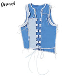 Women Hollow Sexy Ribbed Tank Tops Club Bandage v-Neck Sleeveless Drawstring Stretchy Clubwear Patchwork Asymmetry