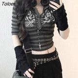 Dark Academic Graphics Print T-shirt Gothic Streetwear Vintage Women Crop Top Punk Short Sleeve Knitted striped