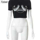 Sexy Chain Graphic Tees White O Neck Short Sleeve Short Top Femme Grunge Y2k Egirl Clothes Summer 2023