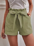 2025 Summer Women's Loose Flax Leisure Shorts Pocket Solid Colored High-Rise Broad
