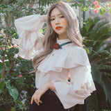 Party Sannian Women Shirt Palace Style Rose Bow Tie Stand Collar Single Breasted Ruffle Stitching Loose Long Sleeve Shirt Women