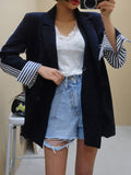 Fashion Women's Blazer New Notched Loose Double Breasted Spliced Striped Long Suit jackets Female Autumn 2023