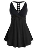 Tank Top Women Sleeveless Colorblock Shirt Summer Casual Ladies Lace Up Crossover Tanks V Neck
