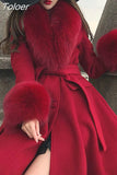 Women Winter Coats Fur Collar Scarf Cuff Set Warm Fashion Luxury Overcoat Scarves Shawls Female Elegant Solid Thick