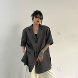Women Gray Striped Big Size Casual Blazer New Lapel Short Sleeve Loose Fit Jacket Fashion Spring Summer 2023
