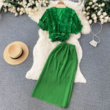 Ruffled Elegant Chic Women Set Summer 2022 V Neck Fashion Tops+ Knitted Elastic Waist Skirt Solid Two Piece