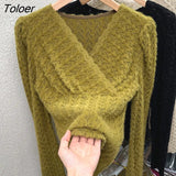 Women Sexy Cross V Neck Knit Long Sleeve Tops Lantern Sweaters Knitwear Korean Fashion Pullovers Autumn Vintage Knitted